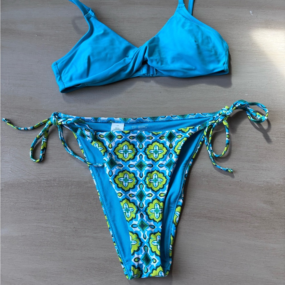 aerie Turquoise Bikini Twist Top and Bottom with Multicolor Floral Trim